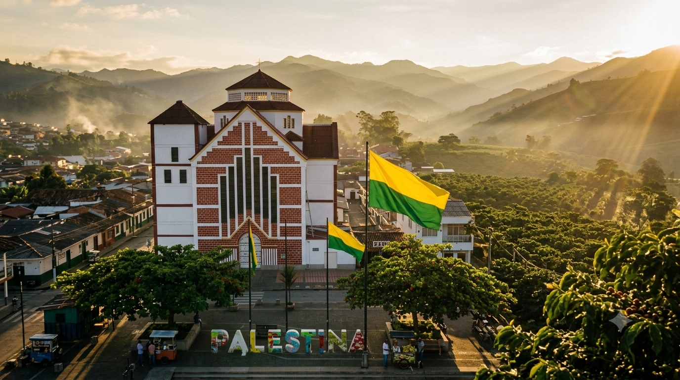 Vista aérea del parque principal y la iglesia de Palestina, Caldas, al amanecer