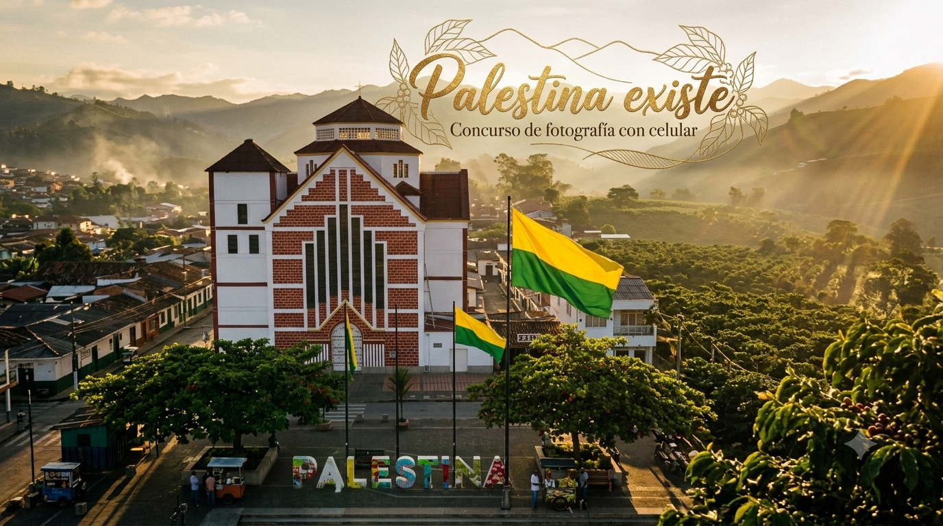 Afiche del concurso de fotografía con celular 'Palestina Existe' sobre una vista del parque de Palestina